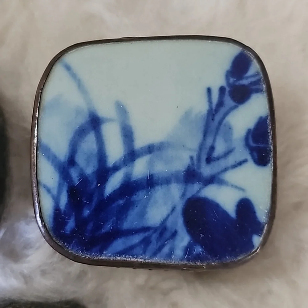 Set of 3 vintage small trinket boxes metal silver plated with porcelain lid